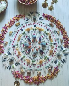 Alea Joy on Instagram- a crystal and petal mandala balanced in by three. Flower Mandalas, Women's Circle, Crystal Magic