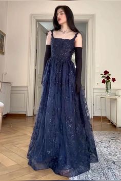 Ravenclaw Prom Dress, Dark Blue Vintage Prom Dress, Night Sky Prom Dress, Nightcourt Acotar Fashion, Prom Dress With Cardigan, Starry Night Dress Prom, Under The Stars Prom Dress, Under The Stars Prom Theme Dress, Night Under The Stars Theme Prom Dress