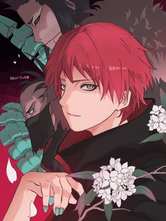 an anime character with red hair and flowers on his shoulder, looking at the camera