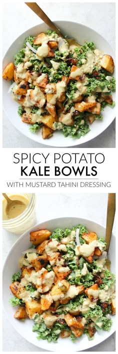 two plates with different types of food on them and the words spicy potato kale bowls