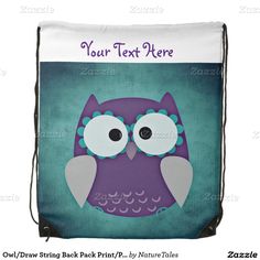 an owl drawsack bag with the words your text here in purple and blue on it