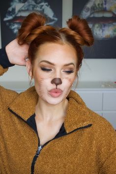 HALLOWEEN MAKEUP LOOK: Bear — KATIE ENOS BEAUTY Bear Makeup Halloween Cute, Bear Halloween Costume Makeup, Halloween Animal Face Makeup, Simple Bear Makeup, Hair To Look Like Bear Ears, Bear Costume Womens Diy, Cute Bear Face Paint, Cute Bear Makeup Halloween