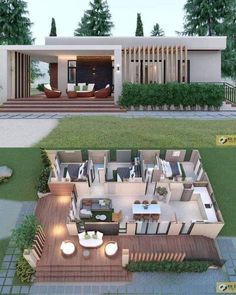 an artist's rendering of a modern house in the middle of a garden area