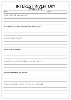 the printable worksheet for interest in an inventory workbook, which is filled with questions