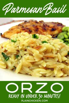 a plate with pasta, peas and chicken on it that says parmesan basil orzo