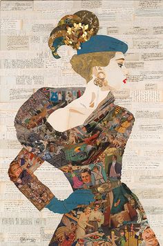 a collage of a woman wearing a hat and dress with many pictures on it