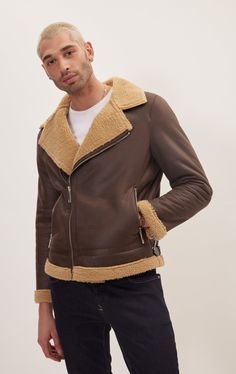 DETAILS Made from super soft vegan leather and inner shearling. Cut close for a TAPERED, streamlined fit, this jacket provides a lightweight supple feel for year round wear. With a zipper closure that runs the length of the jacket, this edgy design pairs well with just about any outfit for an added statement. COMPOSITION 100% PolyesterMade in TurkeyStyle #71473CAREDry Clean Sensitive STYLE# 71473 SIZE + FITTailored fit, to find your correct size use the ''what's my size '' button. Violet Perfume, Edgy Design, Jackets Men Fashion, Leather Pieces, My Size, Wool Suit, Suit Shop, Shearling Jacket, Biker Jacket