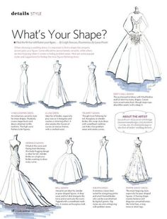 an illustrated guide to wedding gowns and dresses for the bride, with instructions on how to