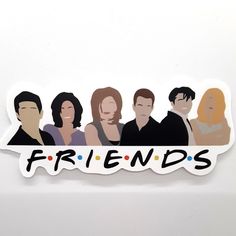 a sticker with the words friends written in black and white, surrounded by people's faces