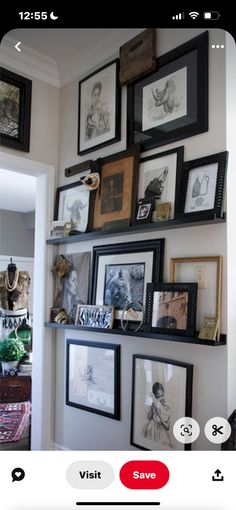 the wall is filled with many framed pictures and frames on it's sides, along with an instagram button