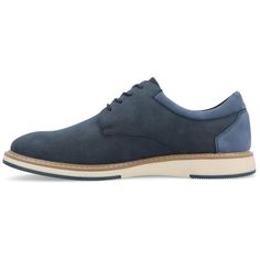 The Hodges derby from Vance Co. is the perfect shoe to take you from work to the weekend. Their 12 mm Tru Comfort Foam� massaging insole and vegan leather will keep you comfy on long days. The lace-up closure durable rubber outsole cushioned collar and round toe will add the perfect detail to give you the effect of casual yet formal. Business Casual Lace-up Shoes With Cushioned Footbed, Casual Synthetic Lace-up Shoes For Work, Casual Blue Leather Oxfords, Casual Oxfords With Removable Insole For Derby, Casual Blue Plain Toe Oxfords, Casual Blue Wingtip Oxfords, Casual Blue Oxfords For Derby, Blue Leather Casual Oxfords, Semi-formal Derby Shoes With Rubber Sole And Plain Toe