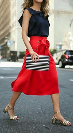 Cheer Coach, Sailor Style, Spring Work Outfits, Red Midi, Gold Blouse, Sailor Fashion, Trendy Skirts, Summer Favorites, Red Skirts