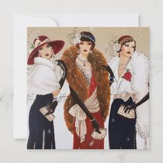 three women in hats and fur coats standing next to each other on a marble surface