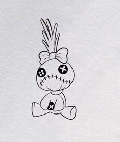 a black and white drawing of a cartoon character sitting on the ground with one eye open