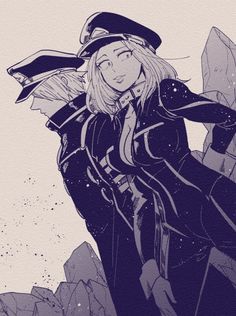 a drawing of a woman with long blonde hair wearing a hat and black coat standing in front of rocks