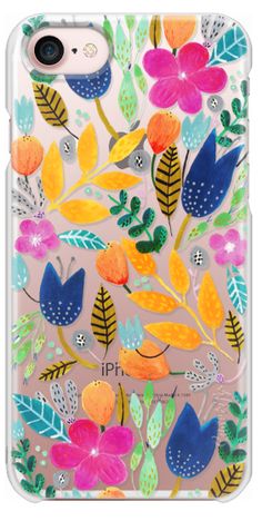 an iphone case with colorful flowers and leaves on the front, in clear plastic material