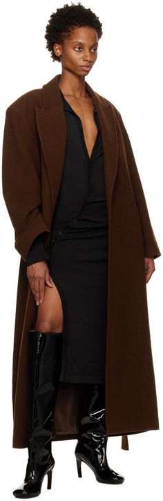 Felted wool and nylon-blend coat. · Peaked lapel · Open front · Belt loops and detachable self-tie belt at waist · Welt pockets · Padded shoulders · Full viscose satin lining Supplier color: Cherry brown Chic Wool Coat With Concealed Front Fastening, Chic Fitted Wool Coat With Belted Cuffs, Chic Fall Wool Coat With Concealed Fastening, Satin Coat, Brown Trench Coat, Cherry Brown, Types Of Coats, Belted Trench Coat, Trench Coat Black