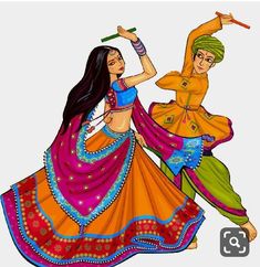 two women in colorful dresses are dancing