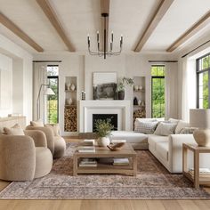 a living room filled with furniture and a fire place in the middle of a room