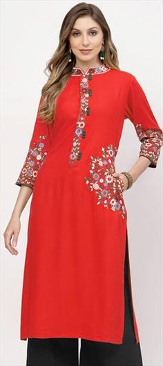 Red and Maroon color Kurti in Rayon fabric with Embroidered work Festive Red Set With Floral Embroidery, Festive Red Sets With Floral Embroidery, Red Floral Embroidered Sets For Eid, Red Floral Embroidered Sets For Festivals, Red Sets With Floral Embroidery For Festivals, Red Sets With Motifs For Eid, Fitted Red Kurta With Resham Embroidery, Elegant Red Kurta With Embroidered Border, Fitted Red Kurta With Motifs