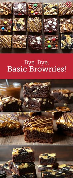 chocolate brownies with caramel drizzles and pretzels on top