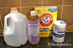 the ingredients to make homemade hand soap are displayed on the counter top, including detergent and dishwasher