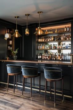 a bar with three stools in front of it