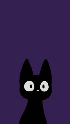 a black cat with big eyes sitting in front of a purple background and looking at the camera