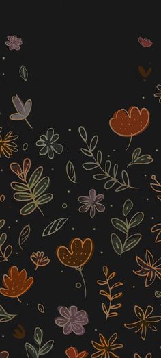 an image of flowers and leaves on a black background that is drawn with colored pencils