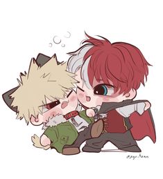 two anime characters with red hair and green eyes, one is hugging the other's head