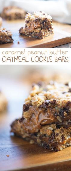 caramel peanut butter oatmeal cookie bars stacked on top of each other