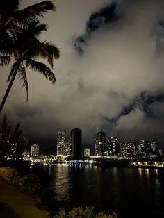 the city skyline is lit up at night with clouds in the sky and palm trees