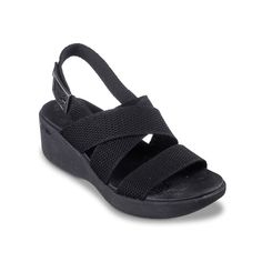 Skechers-Pier Lite Night Owl Wedge Sandal Complement summer with a strappy style. The Pier Lite Night Owl sandal from Skechers is crafted with comfortable features and a crisscrossing upper. Complete with lightweight materials, a cushioned Luxe Foam® footbed, and a flexible traction sole. Black Wedge Sandals, Night Owl, Wedge Sandal, Wedge Sandals, Wedges, Sandals, Black