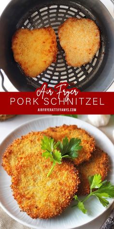 fried pork schnitzel in a frying pan with parsley on top