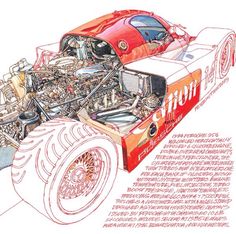 a drawing of a car with an engine in the back