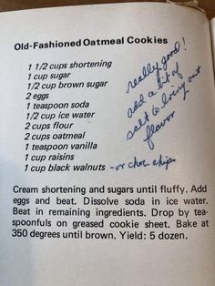 an old fashioned oatmeal cookie recipe in a book