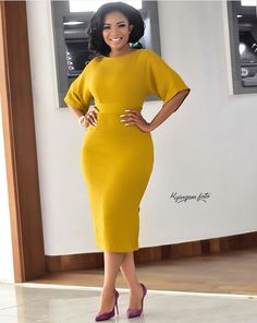 Basic Round Neck Solid Yellow Bodycon Formal Dress – Yvenasha Shop Bodycon Dress Formal, Straight Clothes, Office Dresses For Women, Classy Dress Outfits, Necklines For Dresses