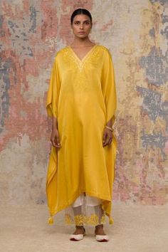 Shop for Devnaagri Yellow Cotton Silk Blend Embroidered Kurta And Pant Set for Women Online at Aza Fashions Yellow Kaftan, Kaftan Style, Embroidered Bodice, Embroidered Organza, Luxury Sale, Embroidered Neckline, Kurta With Pants, Pant Set, Set For Women