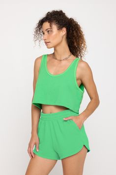 It's a breeze. A relaxed fit, drop length, scoop neck tank. Made in our Plush French Terry fabrication, it's the perfect blend of 75% cotton and 25% modal, creating an extra (extra) soft feel. | Bree Boxy Tank Top in Palm Green Boxy Tank Top, Palm Green, Rainbow Shop, Mens Essentials, Tank Dress, Sweater Jacket, Short Pants, French Terry, Jumpsuit Dress