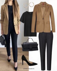 Black And Brown Business Outfit, Warm Professional Outfit Winter, Camel Blazer Outfits Women Office Wear, Office Manager Outfit, Camel Pants Outfit, Camel Blazer Outfit, Smart Casual Work Outfit Women, Blazer Outfits Casual, Casual Work Outfits Women