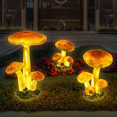 lighted mushrooms are in the grass near flowers