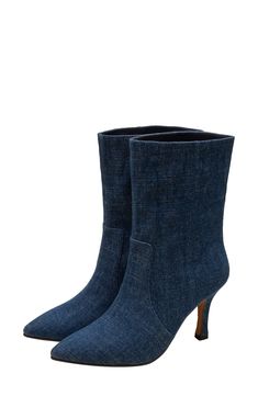 Denim composition adds undeniable casual-chic appeal to this sleek pointy-toe bootie. 3 1/2" heel 7 1/2" shaft Slip-resistant sole Textile upper and lining/rubber sole Imported Denim Blue Pointed Toe Denim Boots, Casual Fitted Ankle-high Heeled Boots, Denim High Heel Boots For Spring, Denim Blue Pointed Toe Boots, Chic Denim Blue High Heel Boots, Fitted Denim Blue Boots With Round Toe, Denim Ankle Boots For Fall, Fitted Denim Blue Boots For Fall, Fitted Denim Boots With Pointed Toe