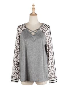 Sku CY-!87269 Material Polyester Style Long Sleeves , Raglan Sleeve Feature Striped , Split-joint , Leopard Neckline V-neck Occasion Casual , Original Creation Seasons Autumn , Winter Type T-shirts Color GREY Size S,M,L,XL Please consult the size chart we provide for this item's measurements to help you decide which size to buy.Please note: There may be 1-3cm differ due to manual measurement.CMINCH Bust Shoulder Top Length S 96 71 64 M 100 72 65 L 106 74 67 XL 112 75 68 Model's information : Wei Heather Grey Stretch Tops For Fall, Gray Raglan Sleeve Top For Fall, Gray V-neck T-shirt For Fall, Gray V-neck Top For Loungewear, Gray V-neck Tops With Letter Print, Gray V-neck Loungewear Top, Raglan Sleeve, Gray Color, Bell Sleeve Top