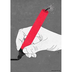 a drawing of a hand holding a red pencil with a black eraser in it