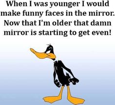 an image of a cartoon duck with the caption when i was younger i would make funny faces in the mirror now that i'm older that damn mirror is starting to get even