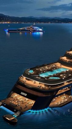 an artist's rendering of a cruise ship floating in the ocean at night time