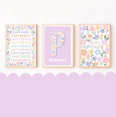 three framed art pieces with flowers and the letter p