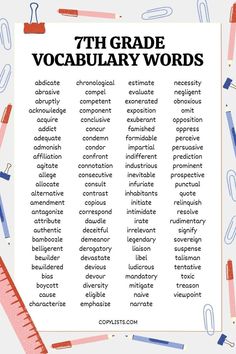 a list of 7th grade vocabulary words surrounded by cartoon ruler, pens, paper clips and other school supplies. 7th Grade Reading List, 7th Grade Writing, 7th Grade Tips, Makeup Acne, 7th Grade Reading