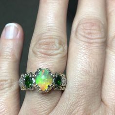 Ethiopian Opal And Chrome Diopside Ring In Sterling Silver And 14k Gold With Filigree Design On Band And Fleur De Lis Prongs Surrounding The Opal. Size 8 Chrome Diopside Ring, Filigree Design, Ring Color, Womens Jewelry Rings, Ethiopian Opal, Jewelry Rings, Opal, Women Jewelry, Band