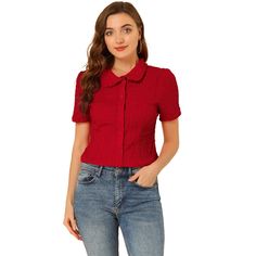 With a collared neckline, this fitted blouse feels perfectly retro when styled with high-waisted jeans or a mini skirt. These are great for business wear but also for a soft feminine style and look. The squared pattern of this shirt looks soft and comfortable to wear. Easy to stand out from the crowds! Add a touch of elegant, feminine style to your wardrobe with this beautiful soft blouse. Size: medium. Gender: female. Age Group: adult. Pattern: Solid. Material: Cotton. Casual Fitted Blouse With Cute Collar, Fitted Blouse With Cute Collar For Fall, Classic Red Tops With Collared Neckline, Fitted Tops With Cute Collar For Work, Trendy Fitted Blouse For Office Wear, Slim Fit Collared Blouse With Buttons, Slim Fit Tops With Button Closure And Collar, Slim Fit Collared Top With Button Closure, Chic Slim Fit Collared Blouse